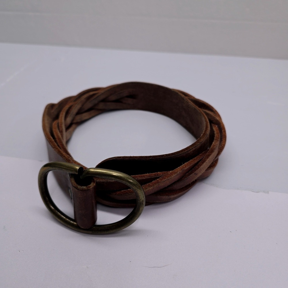 Mens Brown Braided Leather Belt Antique Brass D-Ring Buckle Casual Rugged 36/38